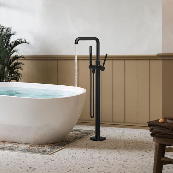 2-Handle Claw Foot Tub Faucets Floor Mount Freestanding Tub Faucet Bathtub Filler with Hand Shower in Matte Black