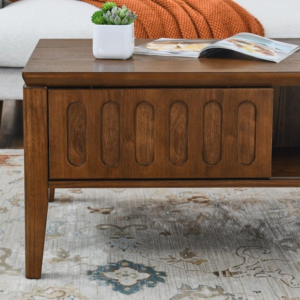 Walnut Mid Century Modern Fluted Coffee Table with Storage Sliding