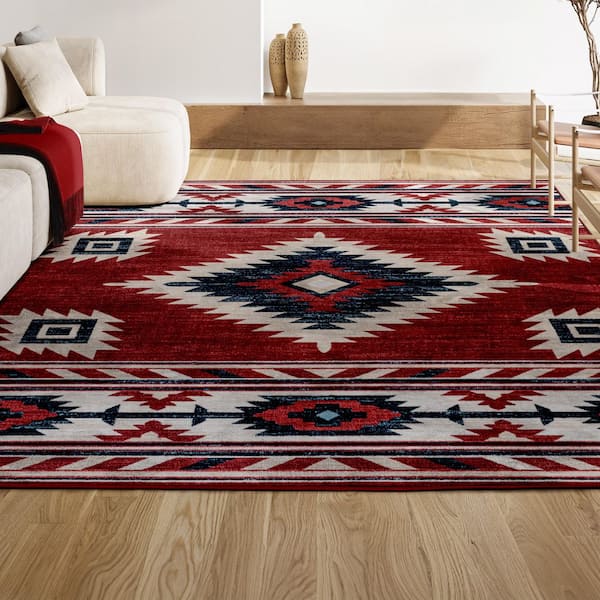新品　MEXICICAN SARAPE RUG メキシカンラグ　red JONATHAN Y Serape Medallion Southwestern Red/Navy/Cream 5 ft. x 8