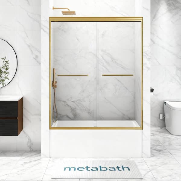 56 to 60 in. W x 60 in. H Semi Frameless Double Sliding Tub Door in Brushed Gold with 5/16 in. Tempered Clear Glass