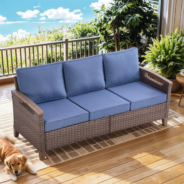 moosprr Farmhouse 3-Seat Brown PE Wicker Outdoor Couch with Olefin Blue Cushions/Metal Armrest