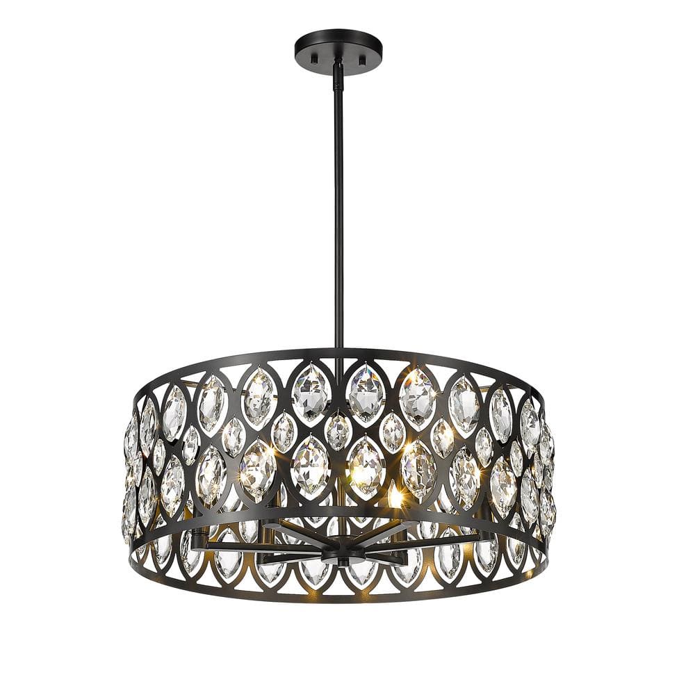 Ellipse-Carved Steel and Crystal 6-Light Chandelier in Matte Black
