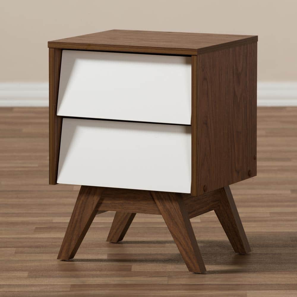 Walnut and White 2-Drawer Mid-Century Modern Nightstand