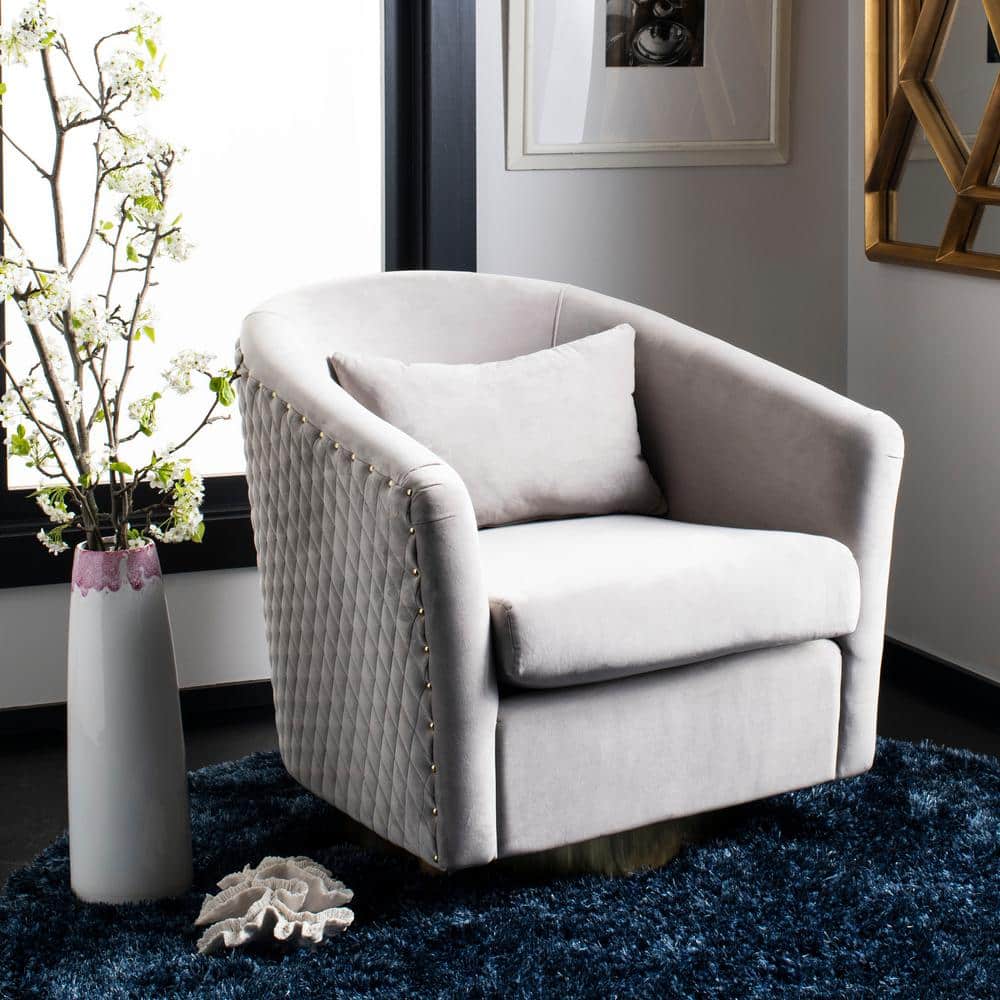 Transitional Pale Taupe Velvet Swivel Barrel Chair with Gold Legs