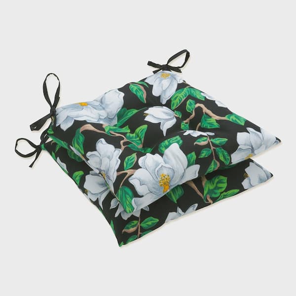 Pillow Perfect Floral 19 in. x 18.5 in. Outdoor Dining Chair Cushion in Black/White/Green (Set of 2)