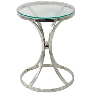 18 in. Silver Hourglass Shaped Stand Large Round Glass End Accent Table with Clear Glass Top