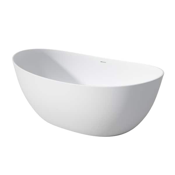 65.00 in. x 33.50 in. Flat Bottom Solid Surface Freestanding Soaking Bathtub with Center Drain in Matte White