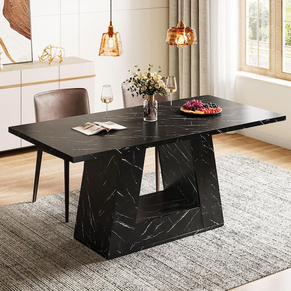 BYBLIGHT Roesler Black Engineered Wood 63 in. Pedestal Dining Table Seats 4-6