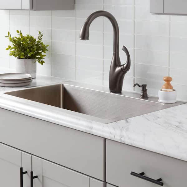 Contemporary Single Handle Pull-Down Sprayer Kitchen Faucet with Soap Dispenser in Mediterranean Bronze