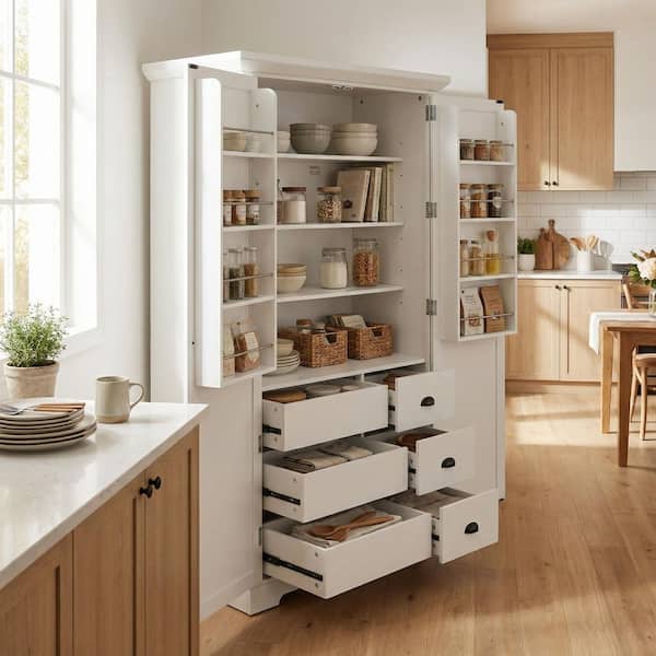 Sugar White Wood 72 in. H Freestanding Kitchen Pantry Cabinet with Adjustable Shelves and 6 Drawers