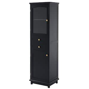 18 in. W x 14 in. D x 63 in. H Black MDF Freestanding Linen Cabinet with Glass Door, 2-Drawers