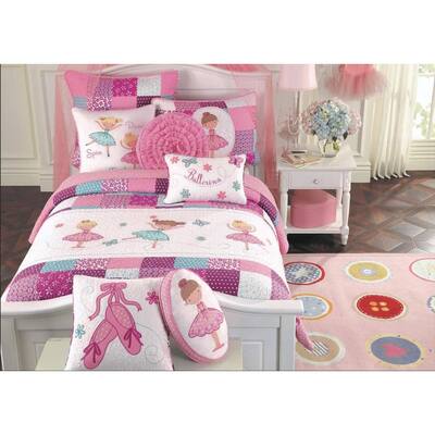 Pink Little Dancer Ballerina Tutu Princess Butterfly Floral Dot Embroidery Patchwork 3-Piece Cotton Queen Quilt Bed Set