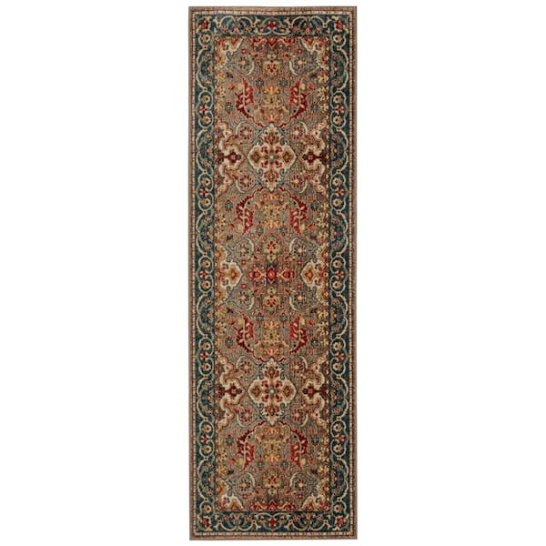 Kashan 3 ft. x 14 ft. Taupe/Blue Border Ornate Runner Rug