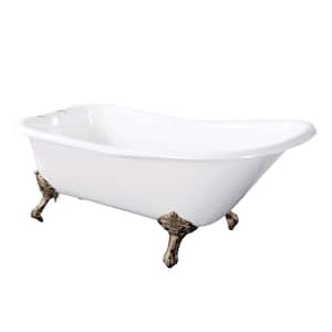 67 in. Cast Iron Single Slipper Clawfoot Bathtub in White with 7 in. Deck Holes, Feet in Brushed Nickel