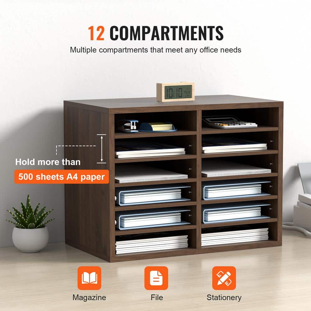 Rustic Brown 12-Compartment Wooden Desk Literature Organizer