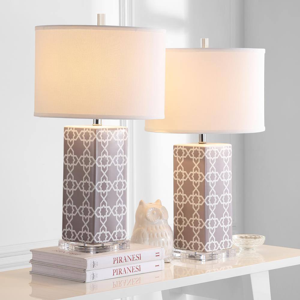 Quatrefoil Grey and White Ceramic Table Lamp Set with Cotton Shade