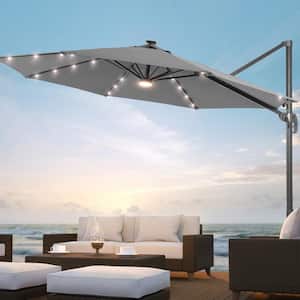 10 ft. Round Solar LED 360-Degree Rotation Cantilever Offset Outdoor Patio Umbrella in Gray