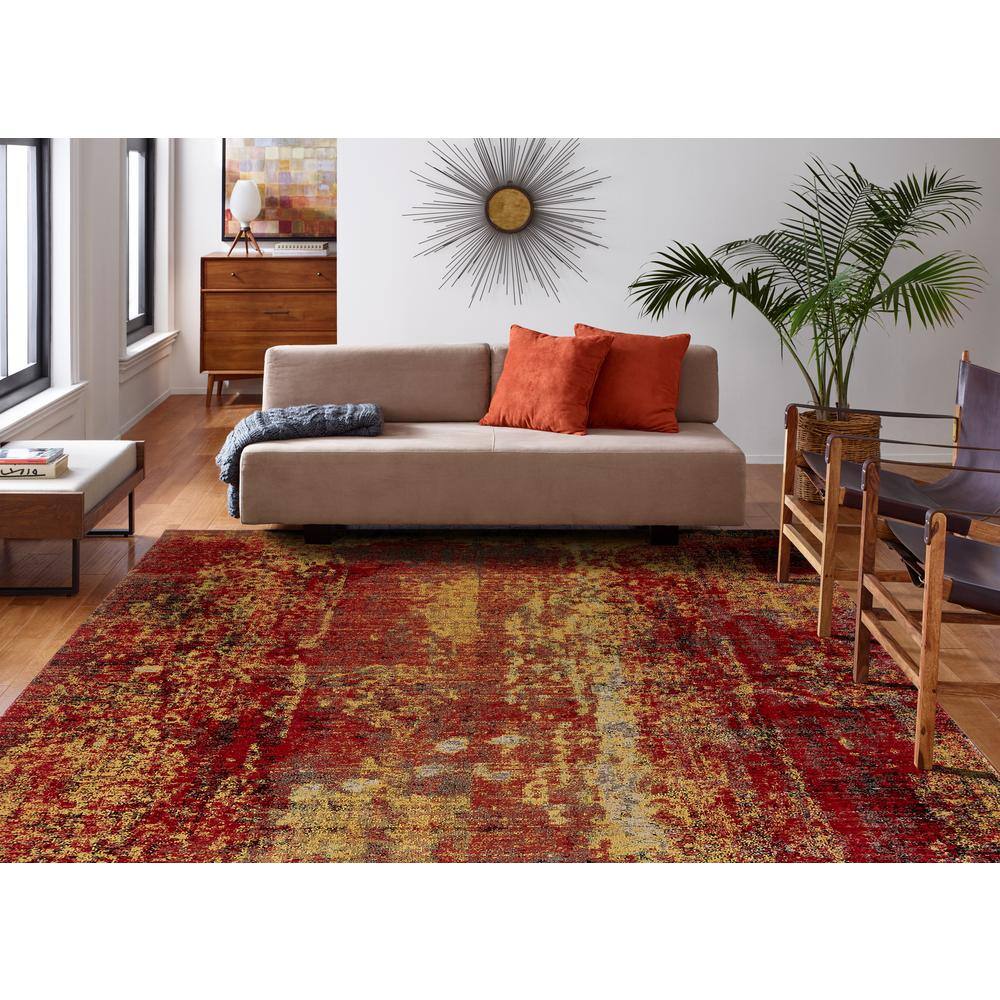 Red and Yellow Abstract Rectangular Viscose Area Rug