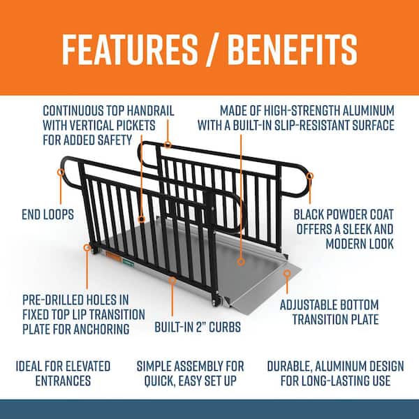 GATEWAY 3G 6 ft. Aluminum Solid Surface Wheelchair Ramp with Black Vertical Picket Handrails