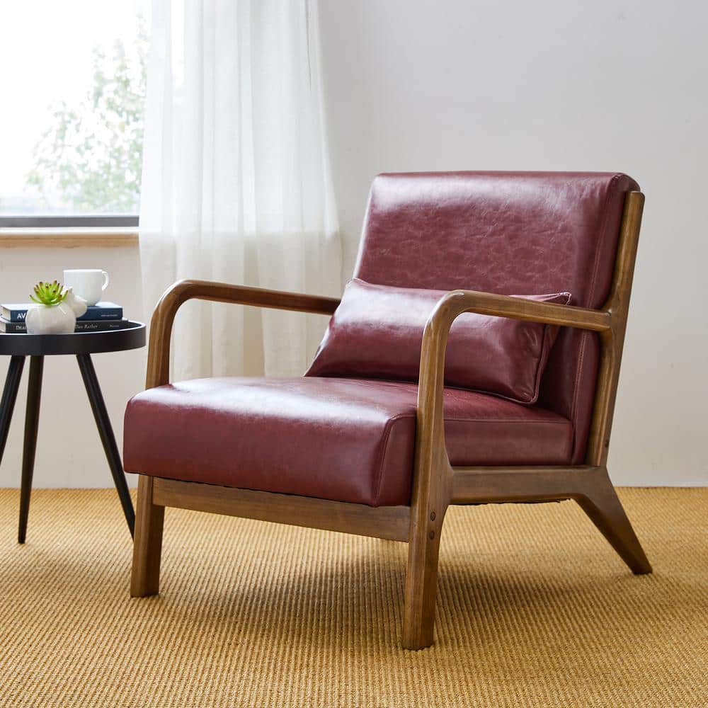 Burgundy Faux Leather Barrel Accent Chair with Wood Frame