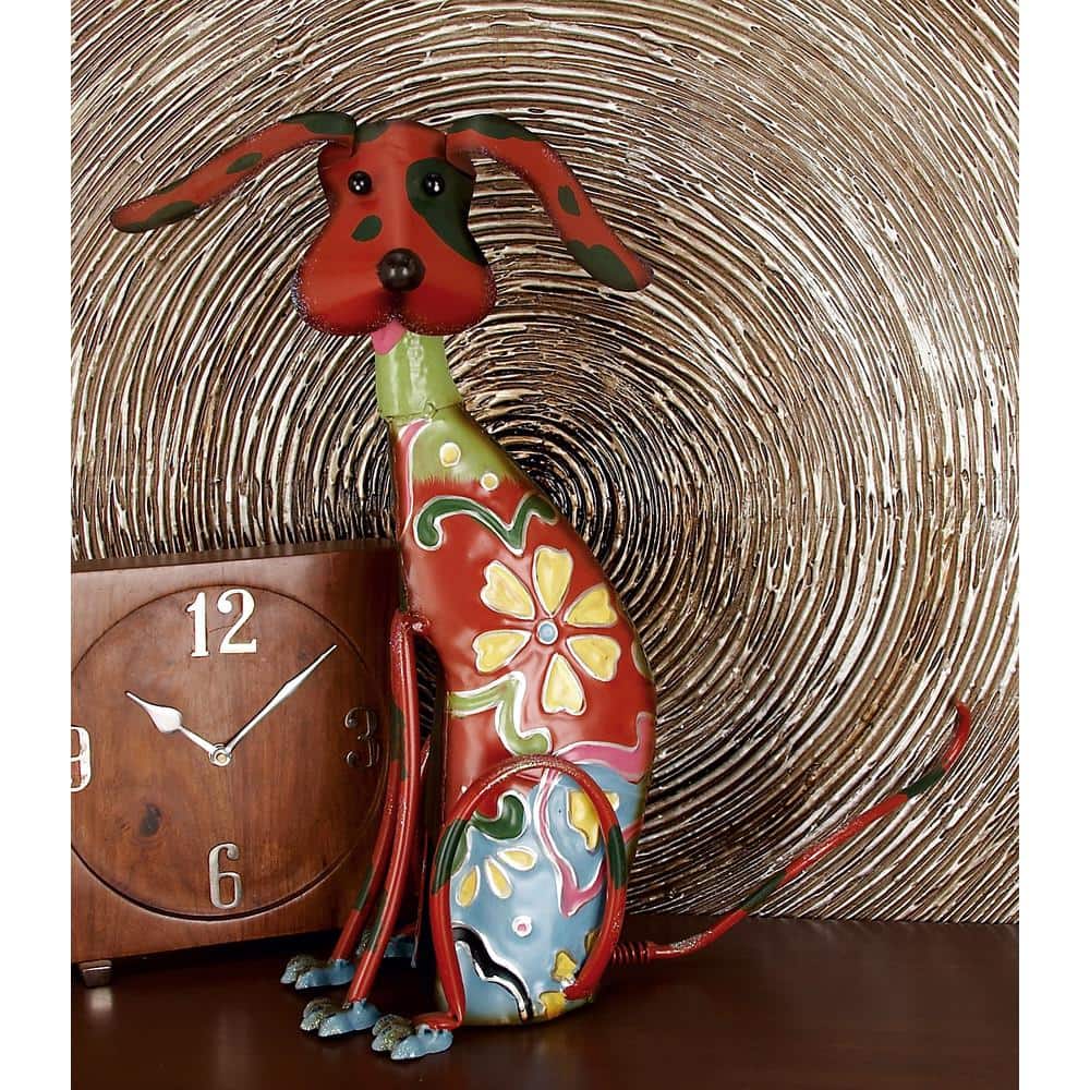 Multicolor Floral Iron Dog Garden Sculpture, 12" x 17"
