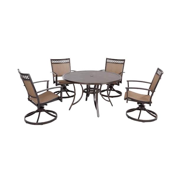 Afoxsos 5-Piece Patio Outdoor Dining Set w/Aluminum Swivel Rocker Sling Chair Set 4-Pieces and 48 in. Tempered Glass Top Table