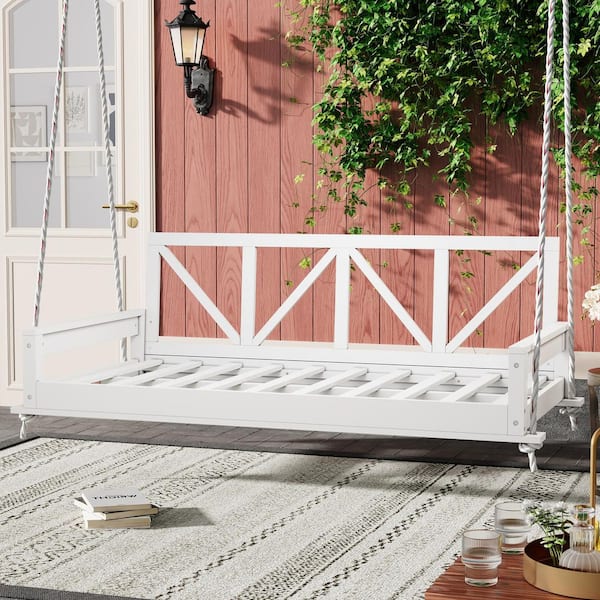 Unbranded White Wood Twin Size Porch Swing for Garden, Backyard
