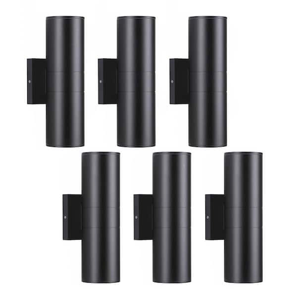 Black Outdoor Hardwired Cylinder Wall Light Lantern Sconce with Integrated LED Up Down Lights (6-Pack)