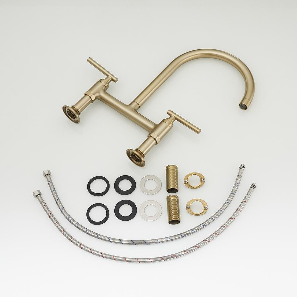 Brushed Gold Double Handle Bridge Kitchen Faucet