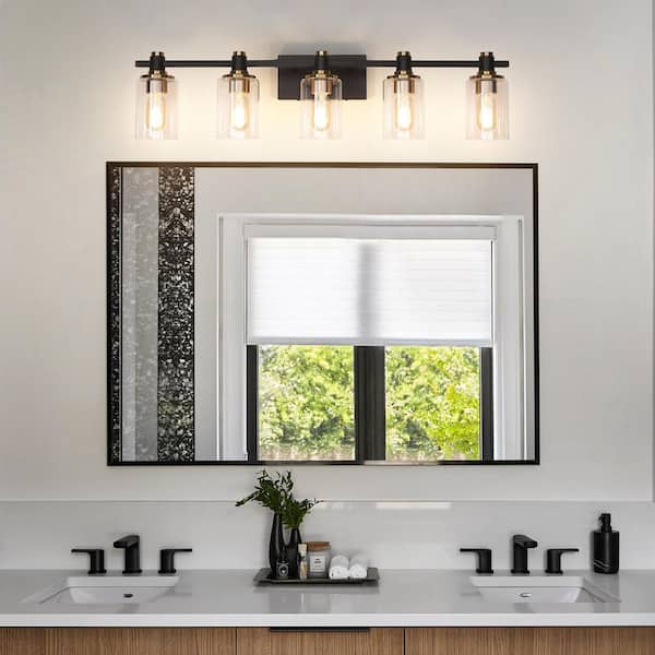34.65 in. 5 Light Black and Gold Bathroom Vanity Light with Cylinder Clear Glass shades