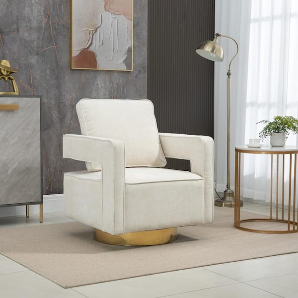 Unbranded 30.7 in. W Beige Chenille 360° Swivel Arm Chair with Open Back and Gold Stainless Steel Base Club Chair Leisure Armchair