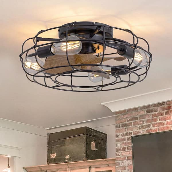 WDETR 19 in. Indoor Black Caged Ceiling Fan with Light and Remote for Bedroom Dining Room