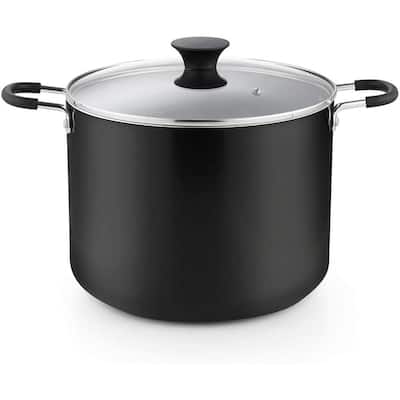 10.5 qt. Hard-Anodized Aluminum Nonstick Stock Pot in Black with Glass Lid