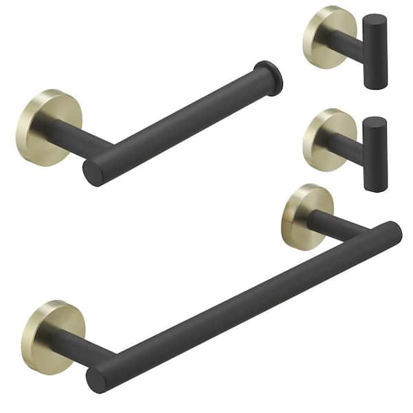 HOMEMYSTIQUE Bathroom Hardware 4-Piece Bath Hardware Set with Towel Bar, Robe Hook, Toilet Paper Holder in Black and Gold
