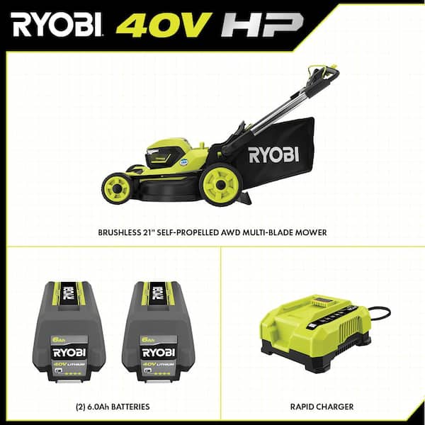 RYOBI 40V HP Brushless Whisper Series 21. in Walk Behind Self-Propelled All Wheel Drive Mower - (2) 6.0 Ah Batteries & Charger