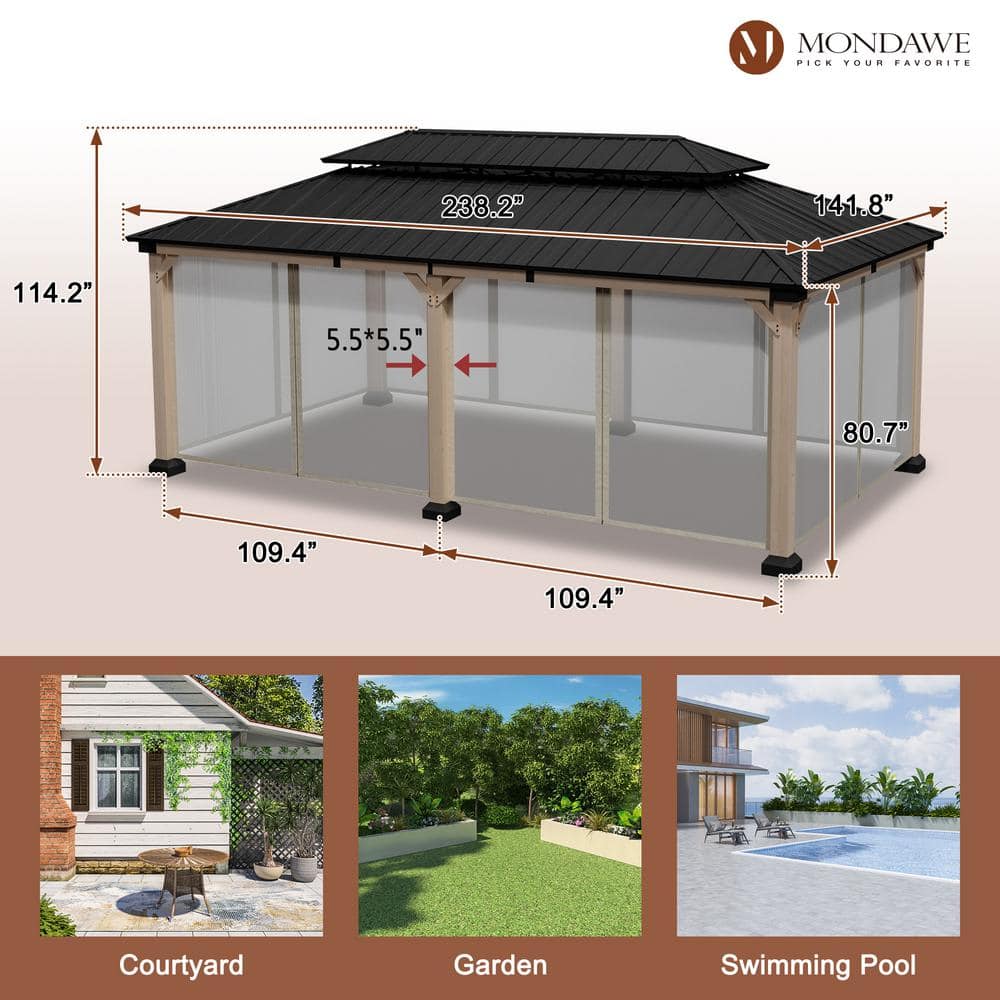 Beverly Hills 20-ft x 12-ft Cedar Wood and Black Steel Patio Gazebo