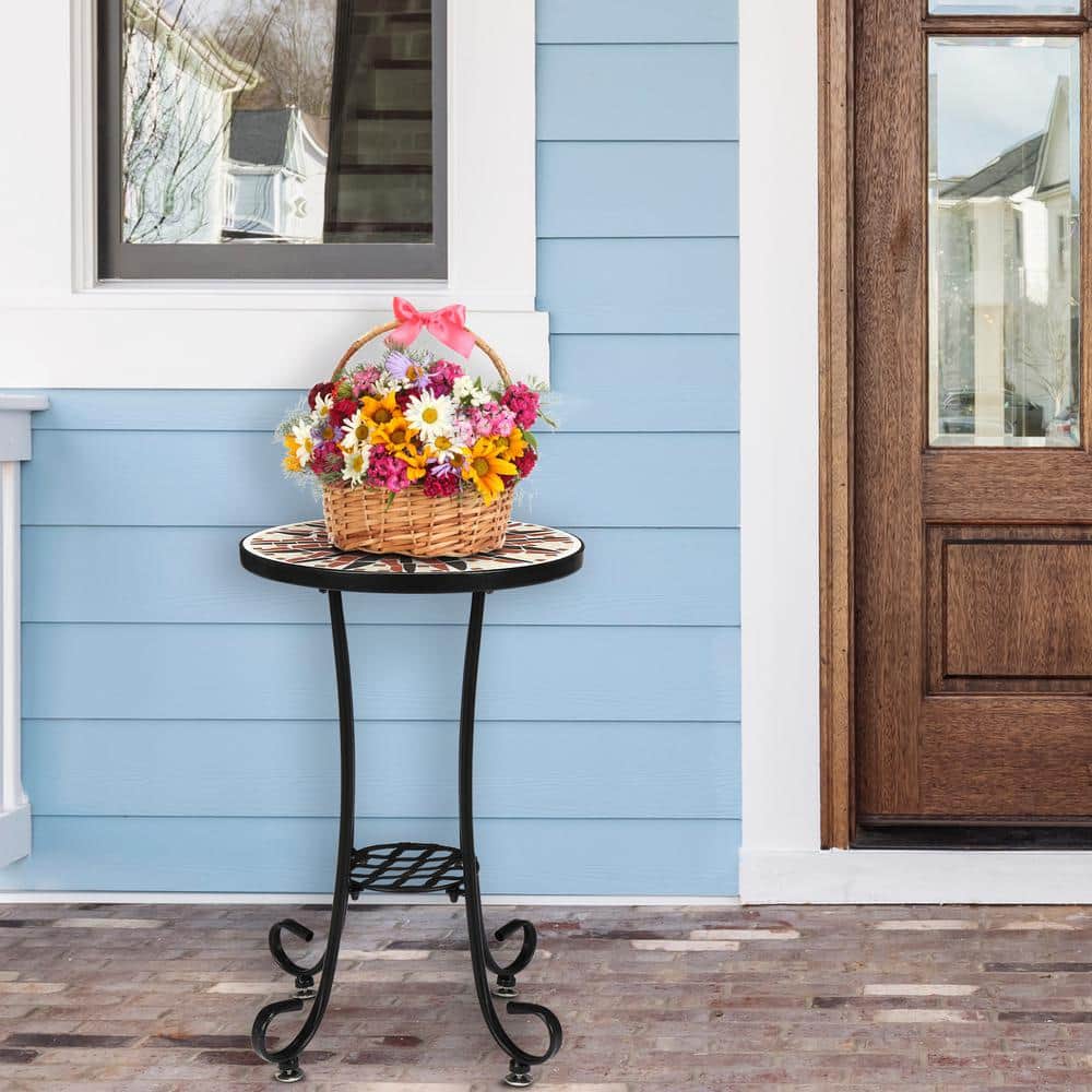 14" Round Black Metal Mosaic Outdoor Accent Table with Concrete Top