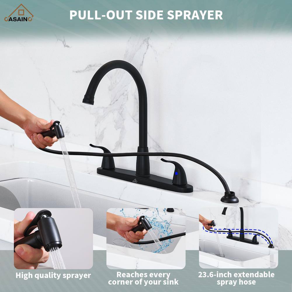 Matte Black Stainless Steel Double Handle Kitchen Faucet with Side Sprayer