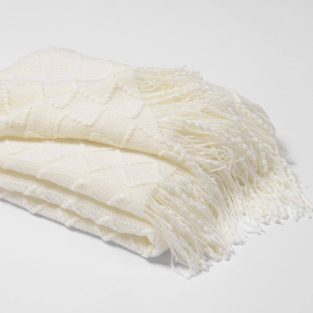 Cozy Ivory Textured Diamond Knitted Throw 50" x 60"
