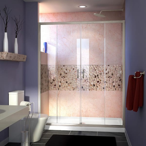 DreamLine Visions 60 in. W x 32 in. D x 74-3/4 in. H Semi-Frameless Shower Door in Brushed Nickel with White Base Center Drain