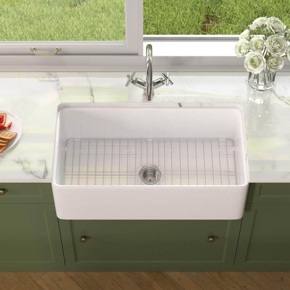White Fireclay 33" Farmhouse Apron Front Single Bowl Kitchen Sink
