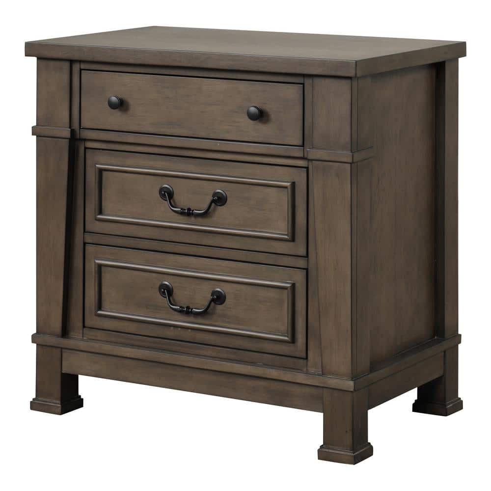 Dark Walnut 3-Drawer Solid Wood Nightstand with USB Port