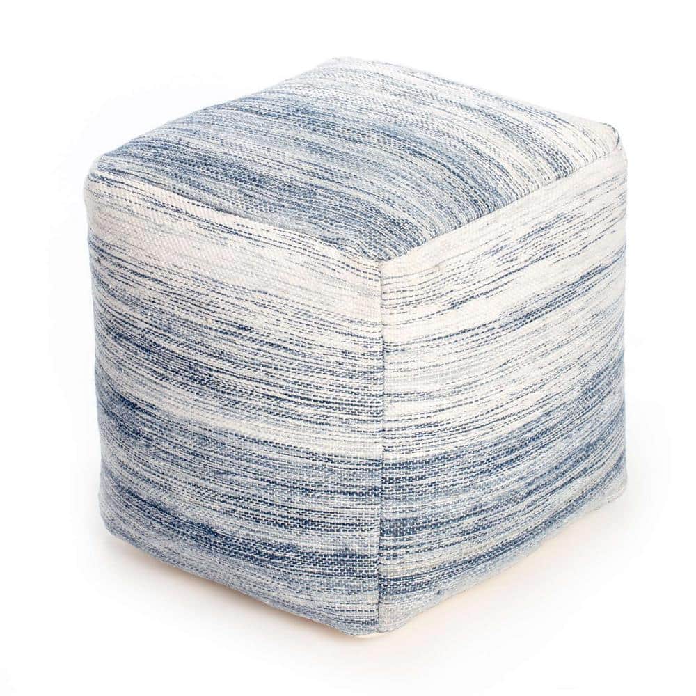 Bar Harbor 21" Blue and Ivory Cotton Pouf Ottoman