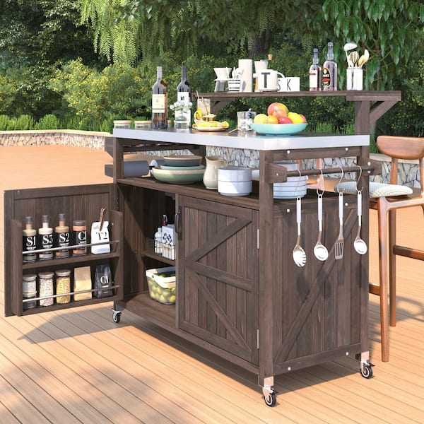 Brown Wood 53 in. Kitchen Island with Raised Shelf, Stainless Steel Top and 4 Metal Hooks for Kitchen and Dining Room