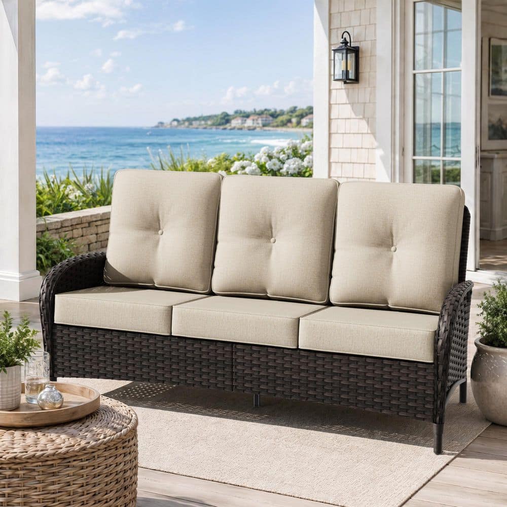 JOYSIDE 3-Seat Deep Brown Wicker Outdoor Couch Patio Sofa with