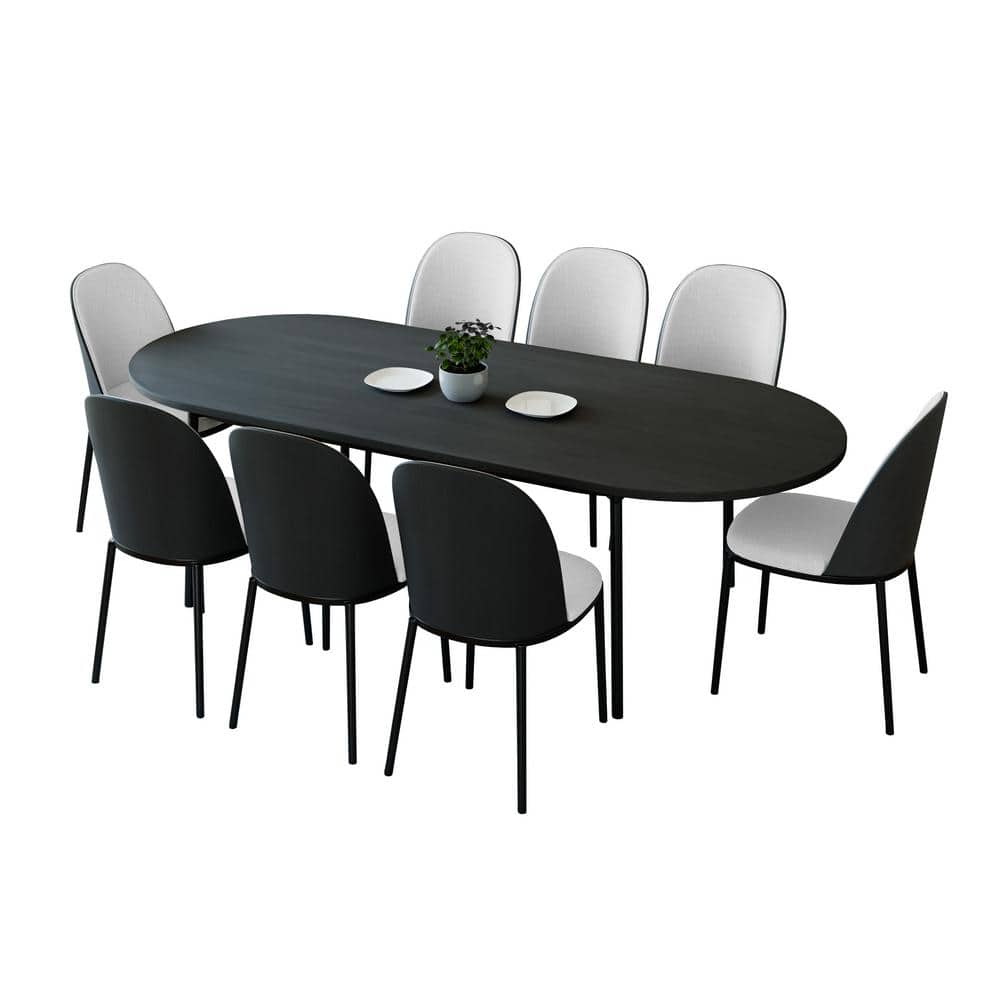 Leisuremod Tule 9Piece Dining Set in Black Steel with 8 Leather Seat
