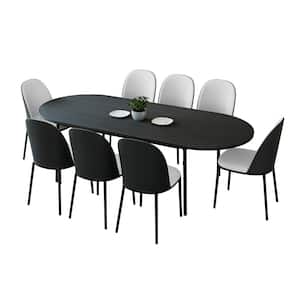 Tule 9-Piece Dining Set in Black Steel with 8 Leather Seat Dining Chairs and 83 in. Oval Dining Table (Black/White)