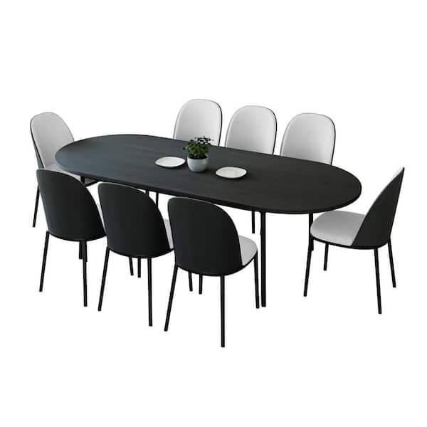 Leisuremod Tule 9-Piece Dining Set in Black Steel with 8 Leather Seat Dining Chairs and 83 in. Oval Dining Table (Black/White)