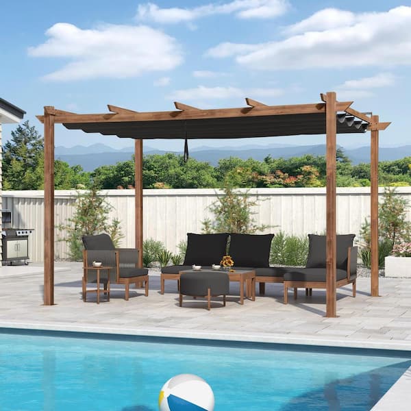PURPLE LEAF 10 ft. x 13 ft. Natural Wood Grain Aluminum Pergola Gazebo with Gray Retractable Sunshade Canopy and Extra Top Roof