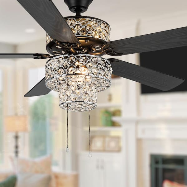 Silver Ceiling Fan Triple-Tiered Clear Crystals River of Goods 52 in 